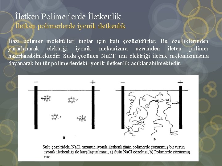 İletken Polimerlerde İletkenlik İletken polimerlerde iyonik iletkenlik Bazı polimer molekülleri tuzlar için katı çözücüdürler.