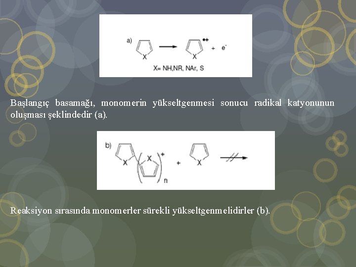 Başlangıç basamağı, monomerin yükseltgenmesi sonucu radikal katyonunun oluşması şeklindedir (a). Reaksiyon sırasında monomerler sürekli