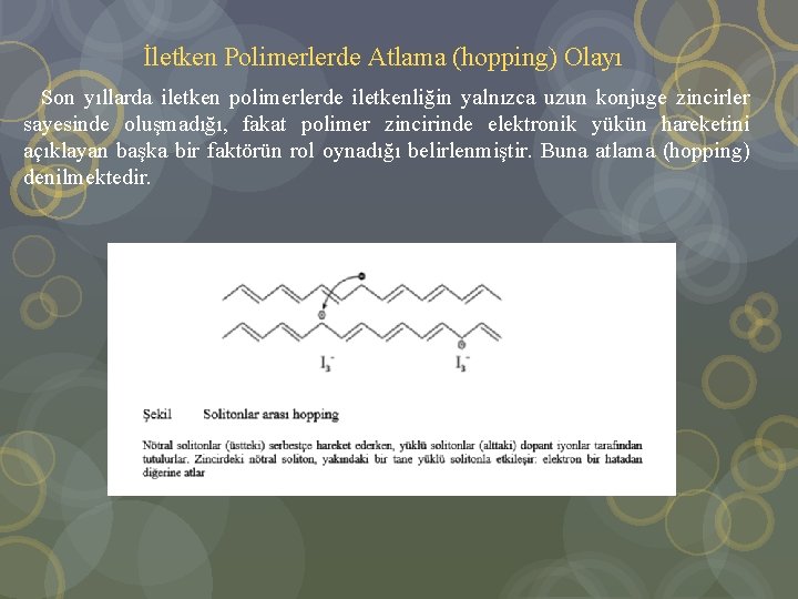  İletken Polimerlerde Atlama (hopping) Olayı Son yıllarda iletken polimerlerde iletkenliğin yalnızca uzun konjuge