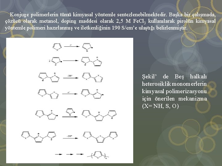  Konjuge polimerlerin tümü kimyasal yöntemle sentezlenebilmektedir. Başka bir çalışmada, çözücü olarak metanol, doping