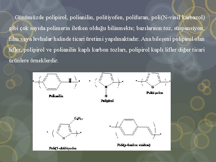  Günümüzde polipirol, polianilin, politiyofen, polifuran, poli(N-vinil karbazol) gibi çok sayıda polimerin iletken olduğu