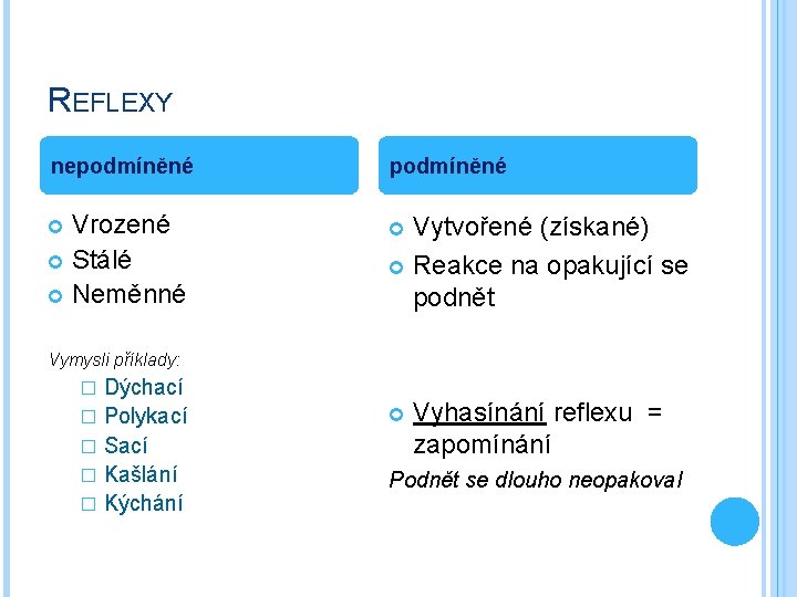 REFLEXY nepodmíněné Vrozené Stálé Neměnné Vytvořené (získané) Reakce na opakující se podnět Vymysli příklady: