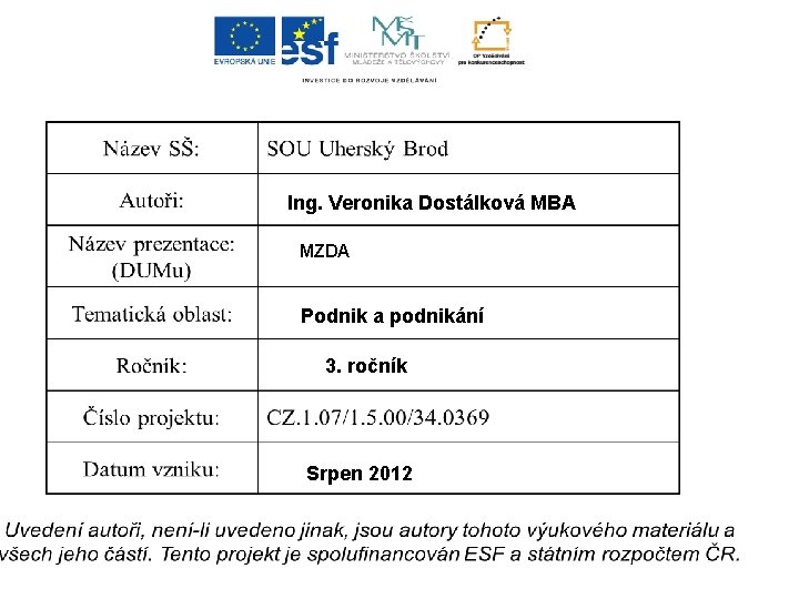 Ing. Veronika Dostálková MBA MZDA Podnik a podnikání 3. ročník Srpen 2012 