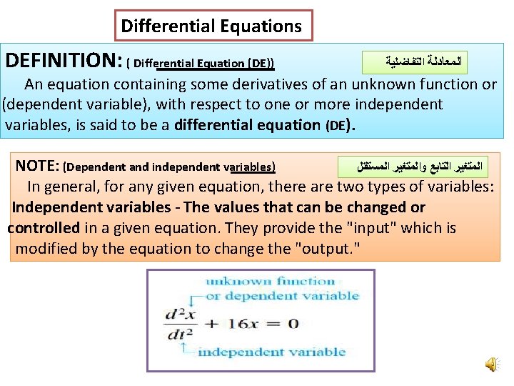 Differential Equations DEFINITION: ( Differential Equation (DE)) ﺍﻟﻤﻌﺎﺩﻟﺔ ﺍﻟﺘﻔﺎﺿﻠﻴﺔ An equation containing some derivatives