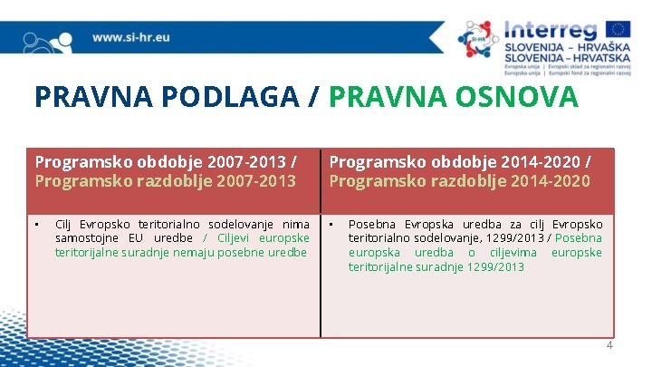 PRAVNA PODLAGA / PRAVNA OSNOVA Programsko obdobje 2007 -2013 / Programsko razdoblje 2007 -2013
