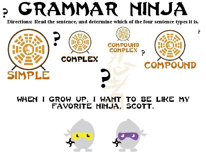 ? Grammar ninja Directions: Read the sentence, and determine which of the four sentence