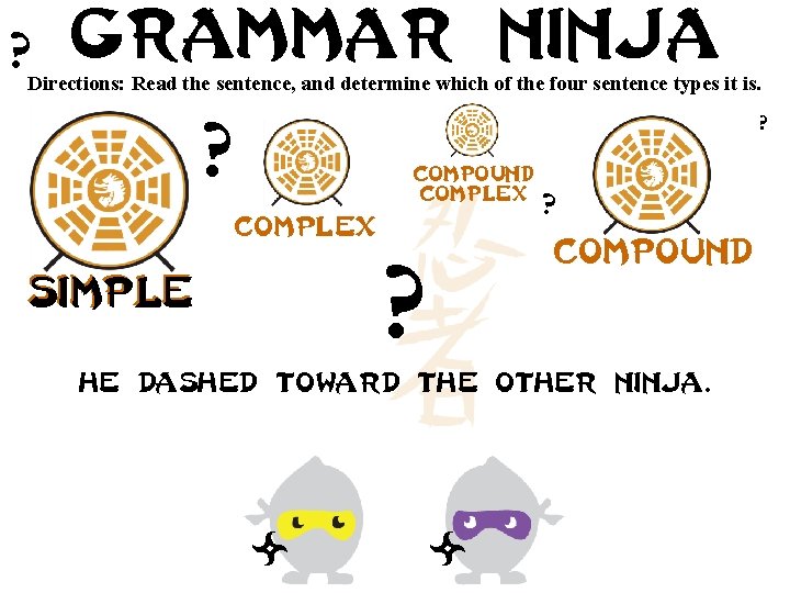 ? Grammar ninja Directions: Read the sentence, and determine which of the four sentence