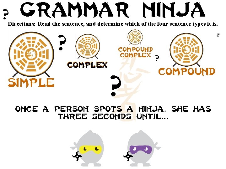 ? Grammar ninja Directions: Read the sentence, and determine which of the four sentence