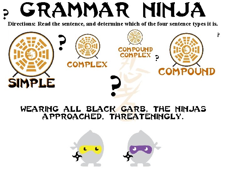 ? Grammar ninja Directions: Read the sentence, and determine which of the four sentence