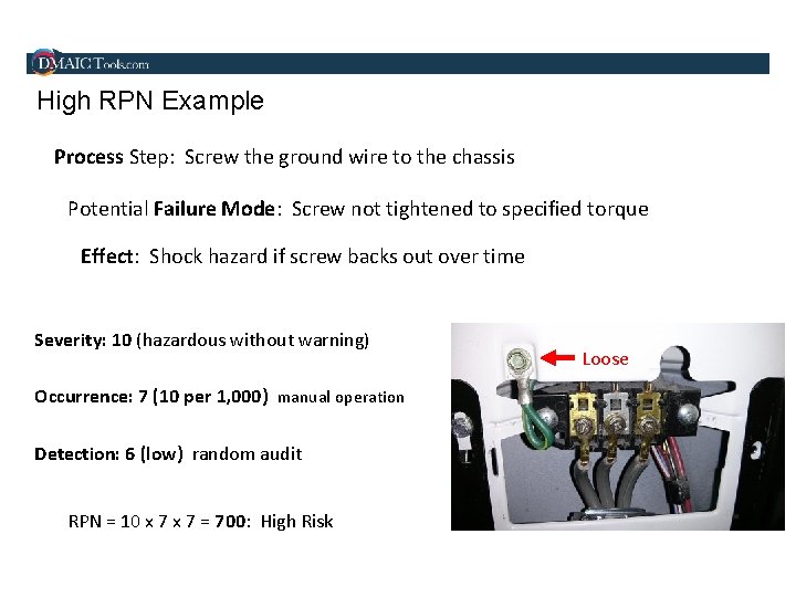 High RPN Example Process Step: Screw the ground wire to the chassis Potential Failure