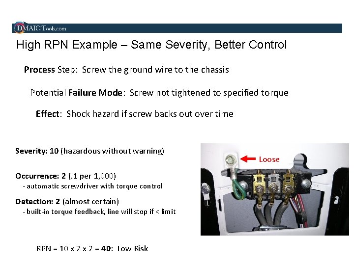 High RPN Example – Same Severity, Better Control Process Step: Screw the ground wire