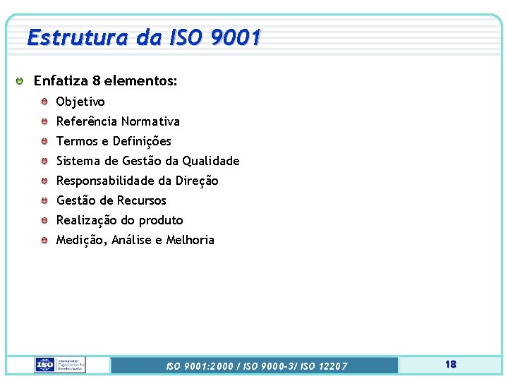 Estrutura da ISO 9001 Enfatiza 8 elementos: Objetivo Referência Normativa Termos e Definições Sistema