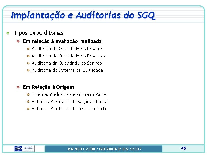 Implantação e Auditorias do SGQ Tipos de Auditorias Em relação à avaliação realizada Auditoria