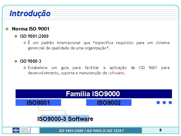 Introdução Norma ISO 9001: 2000 É um padrão internacional que “especifica requisitos para um