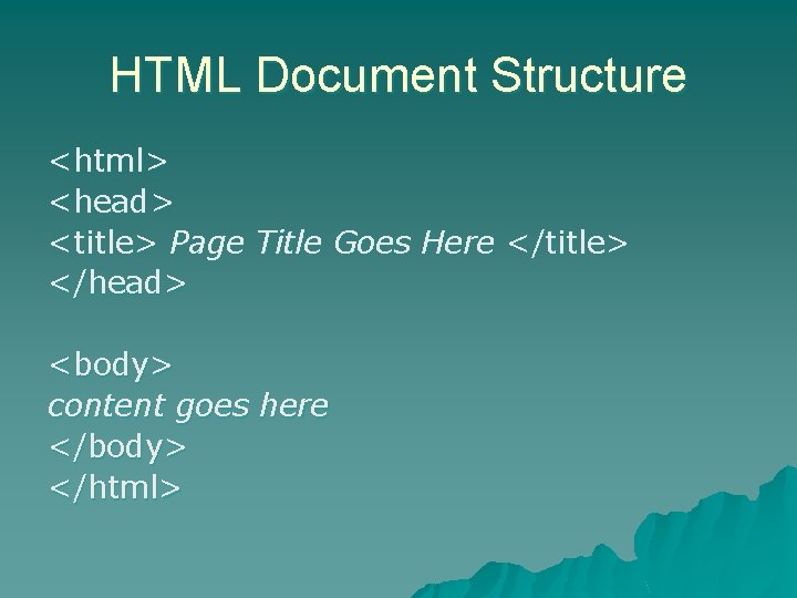 HTML Document Structure <html> <head> <title> Page Title Goes Here </title> </head> <body> content