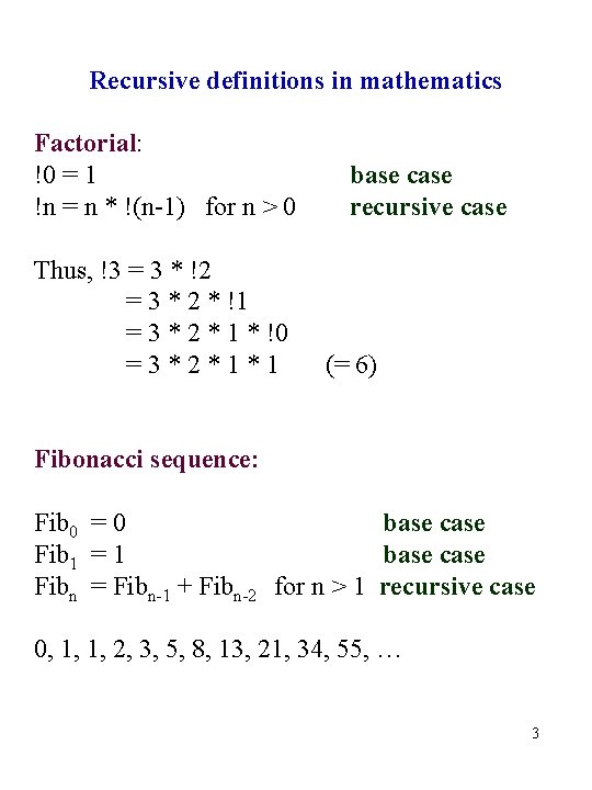 Recursive definitions in mathematics Factorial: !0 = 1 !n = n * !(n-1) for