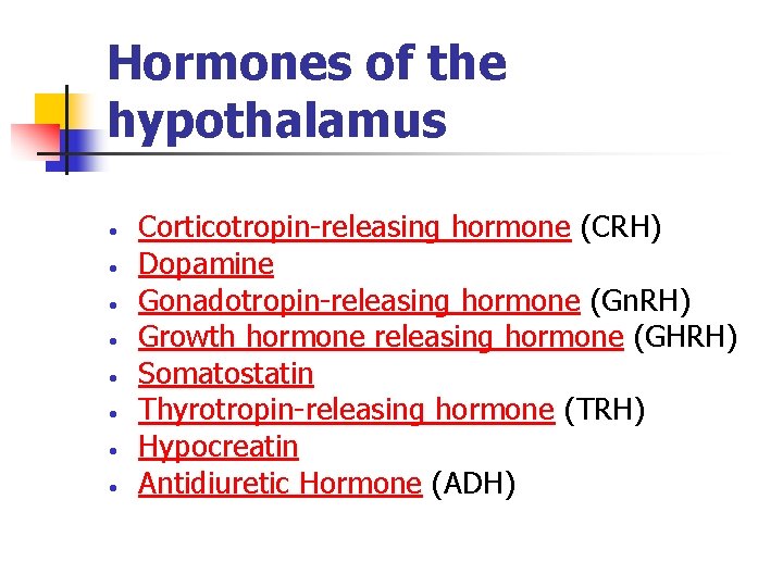 Hormones of the hypothalamus Corticotropin-releasing hormone (CRH) Dopamine Gonadotropin-releasing hormone (Gn. RH) Growth hormone