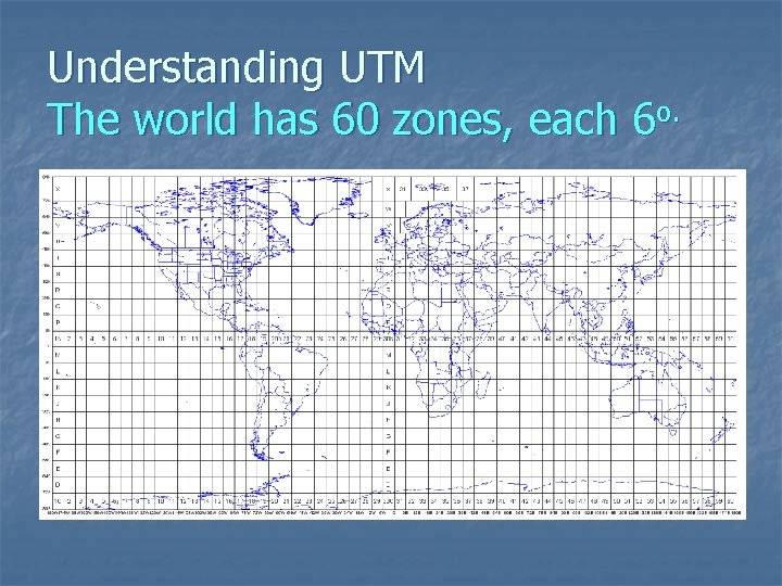 Understanding UTM The world has 60 zones, each 6 o. 