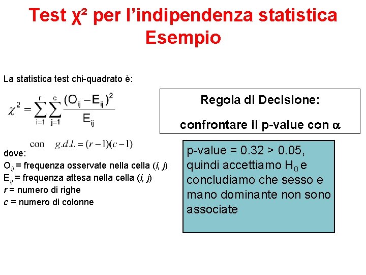 Test χ² per l’indipendenza statistica Esempio La statistica test chi-quadrato è: Regola di Decisione: