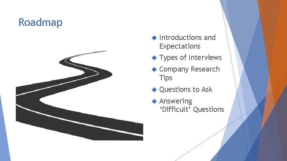 Roadmap Introductions and Expectations Types of Interviews Company Research Tips Questions to Ask Answering