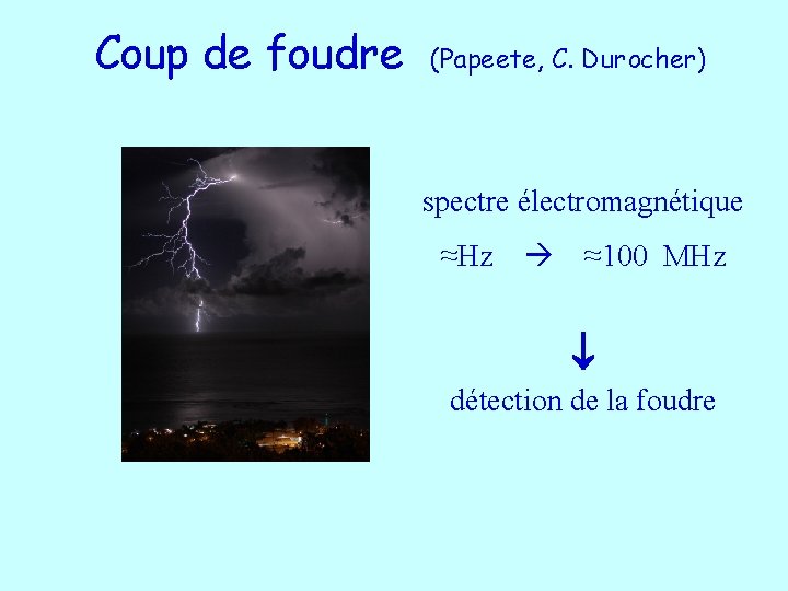 Coup de foudre (Papeete, C. Durocher) spectre électromagnétique ≈Hz ≈100 MHz détection de la