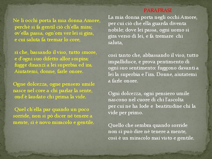 Ne li occhi porta la mia donna Amore, perchè si fa gentil ciò ch’ella