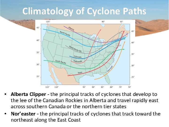 Climatology of Cyclone Paths • Alberta Clipper - the principal tracks of cyclones that