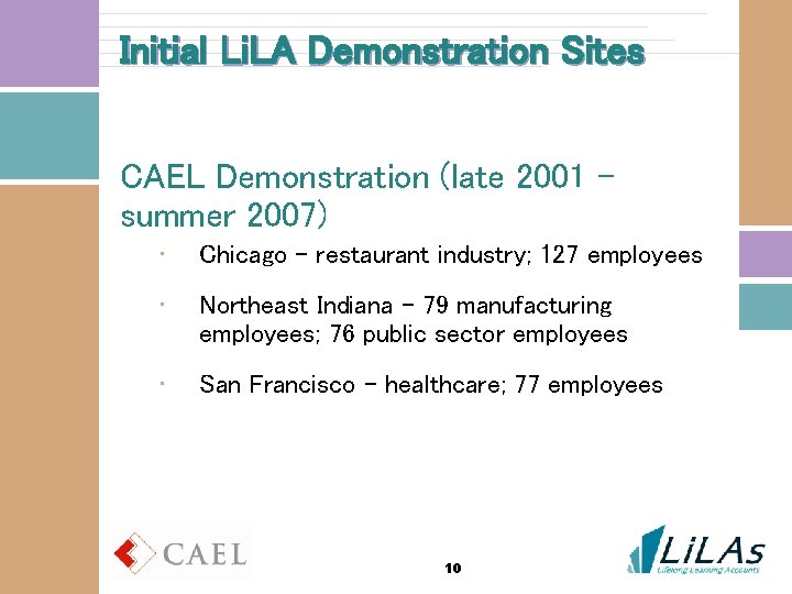 Initial Li. LA Demonstration Sites CAEL Demonstration (late 2001 – summer 2007) • Chicago