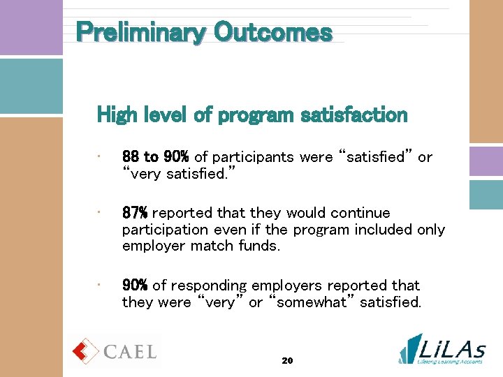 Preliminary Outcomes High level of program satisfaction • 88 to 90% of participants were