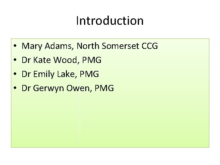 Introduction • • Mary Adams, North Somerset CCG Dr Kate Wood, PMG Dr Emily