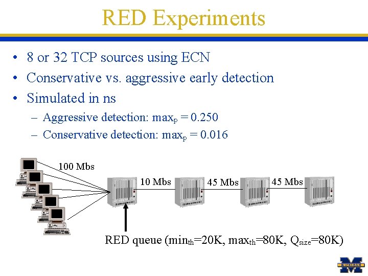 RED Experiments • 8 or 32 TCP sources using ECN • Conservative vs. aggressive