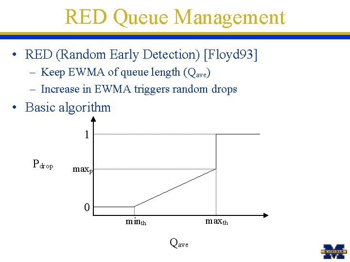 RED Queue Management • RED (Random Early Detection) [Floyd 93] – Keep EWMA of