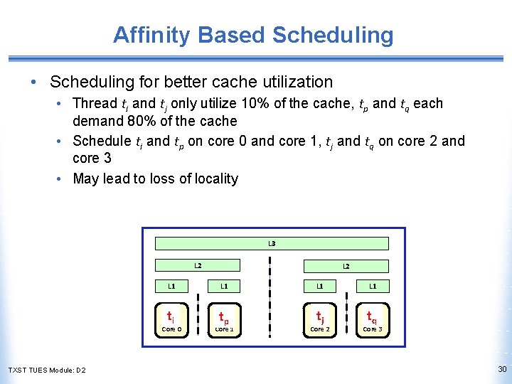 Affinity Based Scheduling • Scheduling for better cache utilization • Thread ti and tj