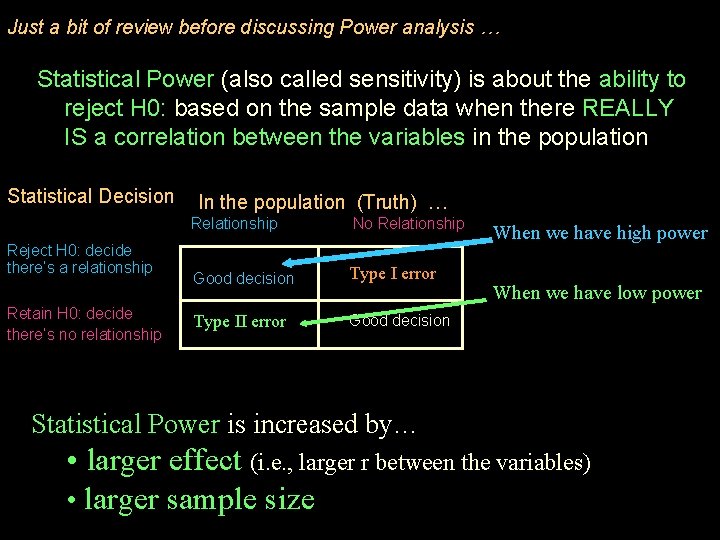 Just a bit of review before discussing Power analysis … Statistical Power (also called