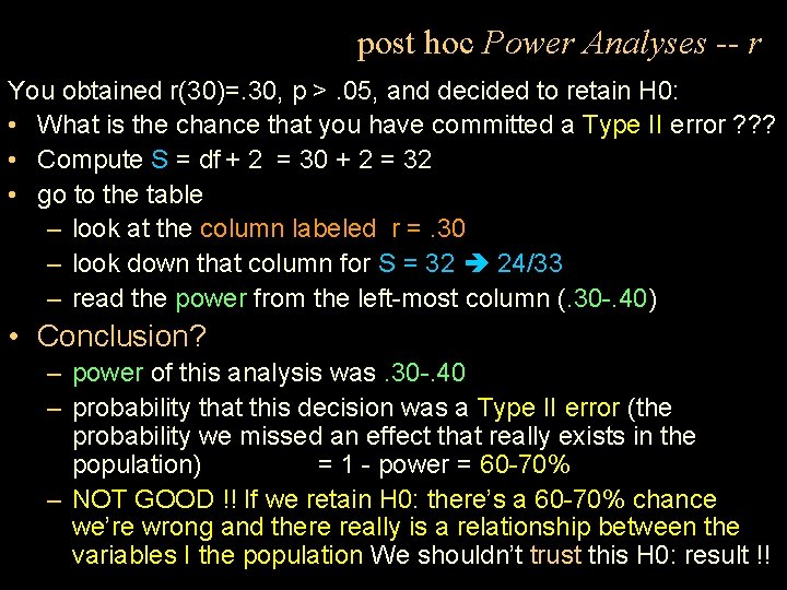 post hoc Power Analyses -- r You obtained r(30)=. 30, p >. 05, and