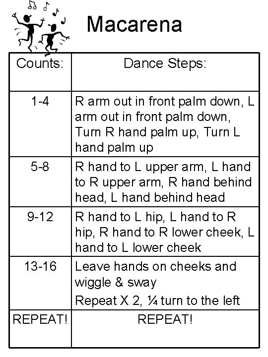 Macarena Counts: 1 -4 Dance Steps: R arm out in front palm down, L