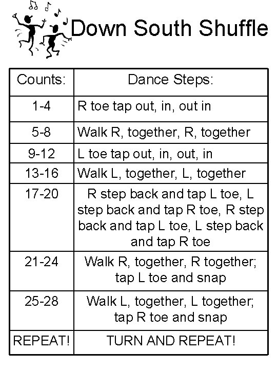 Down South Shuffle Counts: Dance Steps: 1 -4 R toe tap out, in, out