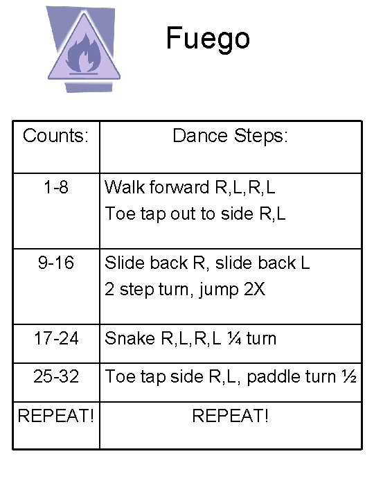 Fuego Counts: Dance Steps: 1 -8 Walk forward R, L, R, L Toe tap