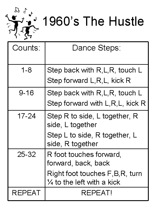 1960’s The Hustle Counts: Dance Steps: 1 -8 Step back with R, L, R,