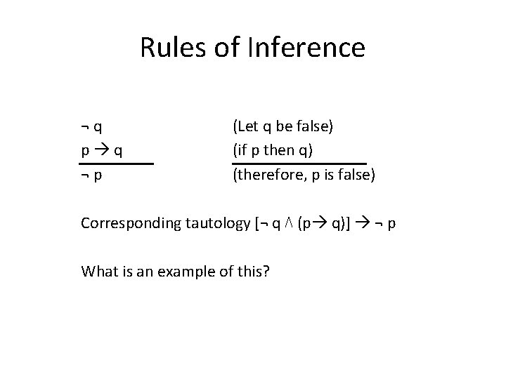 Rules of Inference ¬q p q ¬p (Let q be false) (if p then