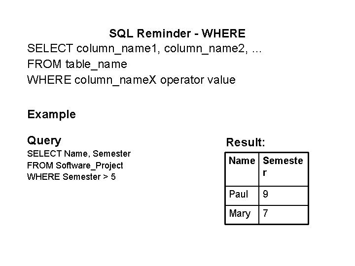 SQL Reminder - WHERE SELECT column_name 1, column_name 2, … FROM table_name WHERE column_name.