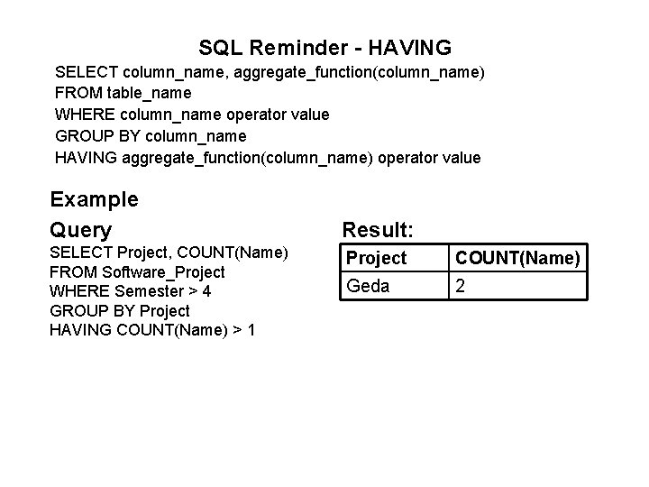 SQL Reminder - HAVING SELECT column_name, aggregate_function(column_name) FROM table_name WHERE column_name operator value GROUP