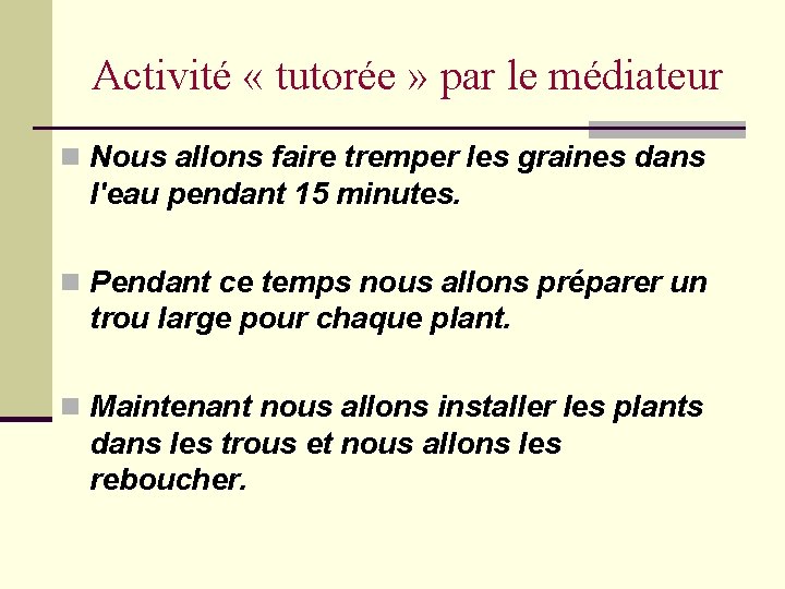 Activité « tutorée » par le médiateur n Nous allons faire tremper les graines