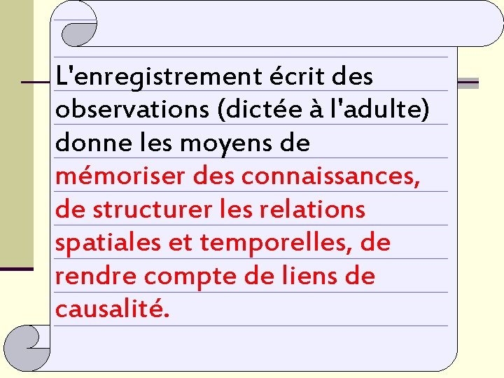 L'enregistrement écrit des observations (dictée à l'adulte) donne les moyens de mémoriser des connaissances,