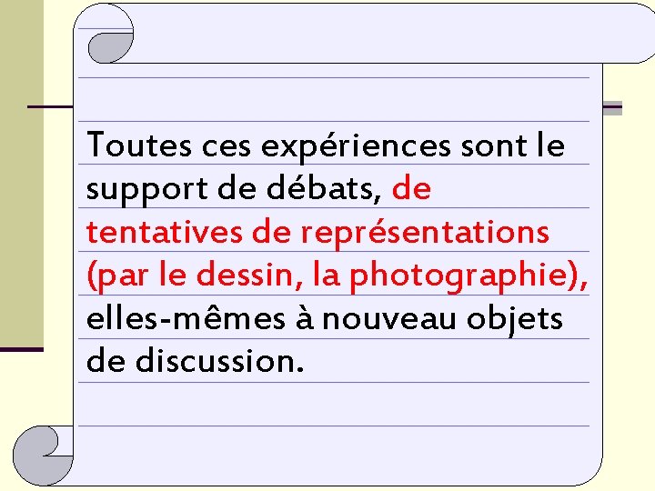 Toutes ces expériences sont le support de débats, de tentatives de représentations (par le