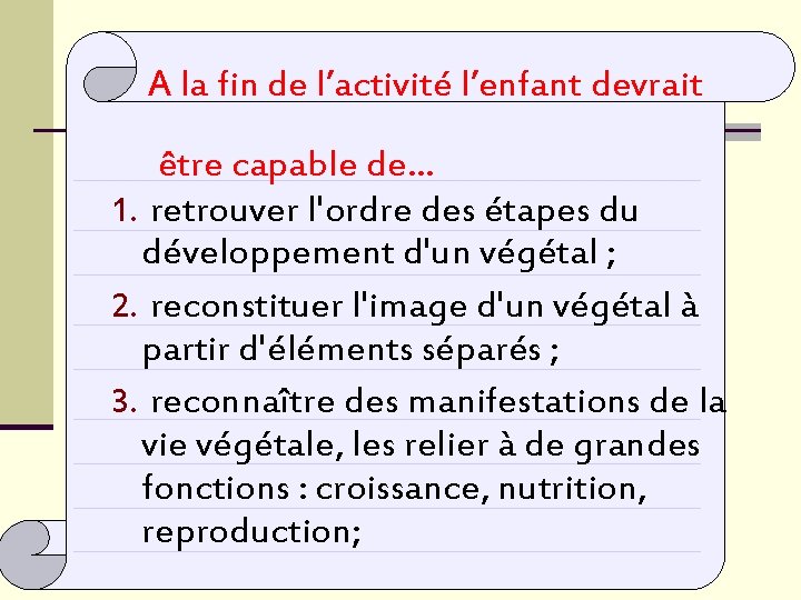 A la fin de l’activité l’enfant devrait être capable de… 1. retrouver l'ordre des