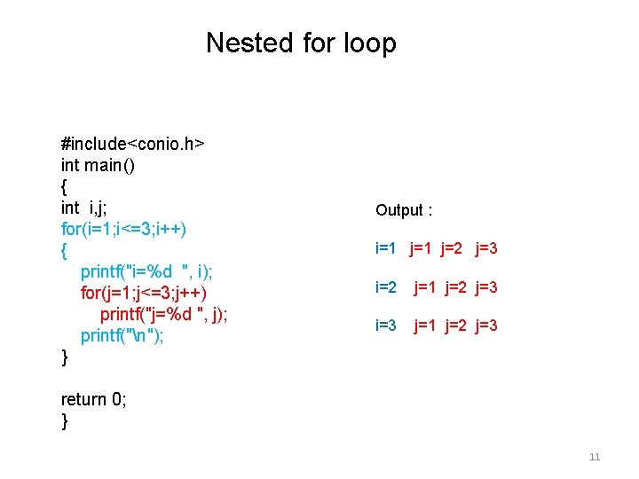 Nested for loop #include<conio. h> int main() { int i, j; for(i=1; i<=3; i++)