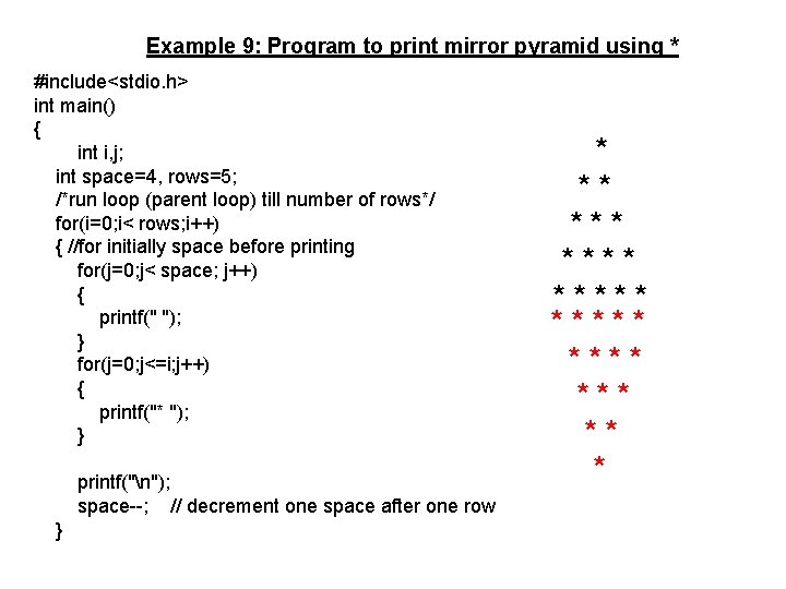 Example 9: Program to print mirror pyramid using * #include<stdio. h> int main() {