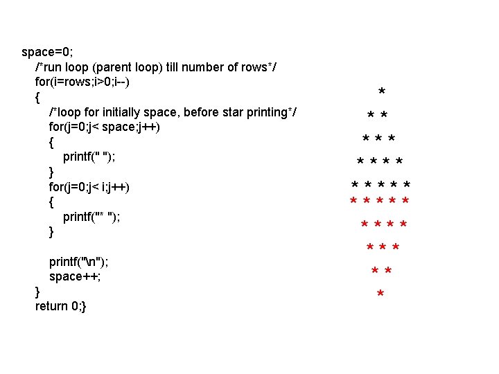 space=0; /*run loop (parent loop) till number of rows*/ for(i=rows; i>0; i--) { /*loop