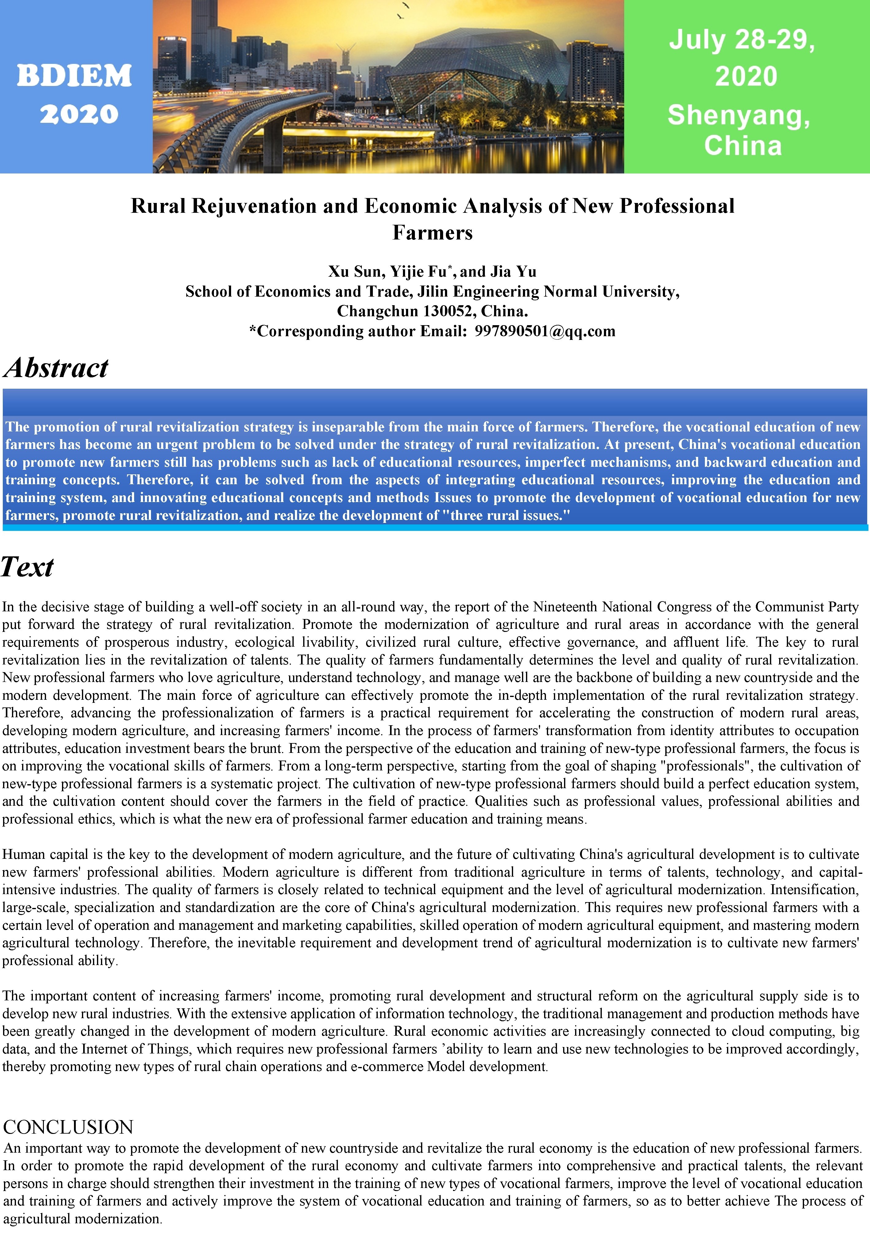 Rural Rejuvenation and Economic Analysis of New Professional Farmers * Fu , and Xu